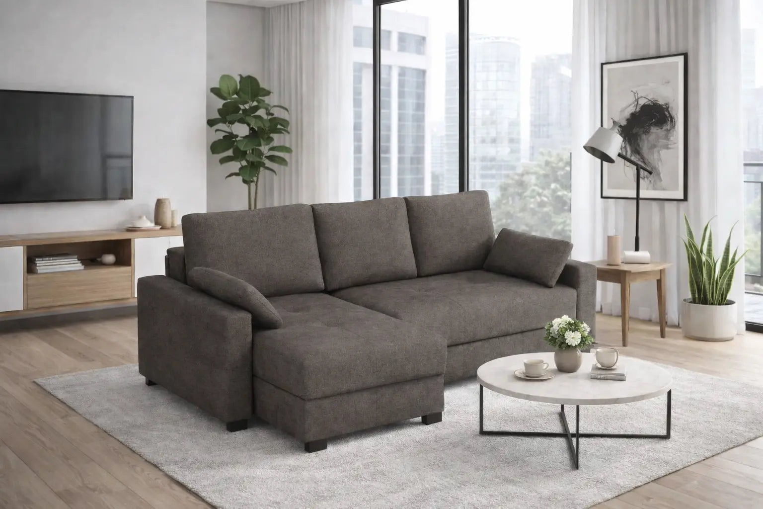 Mocca King Size Corner Sofa Bed in Marble Velvet Driftwood SofaBedExpert.co.uk