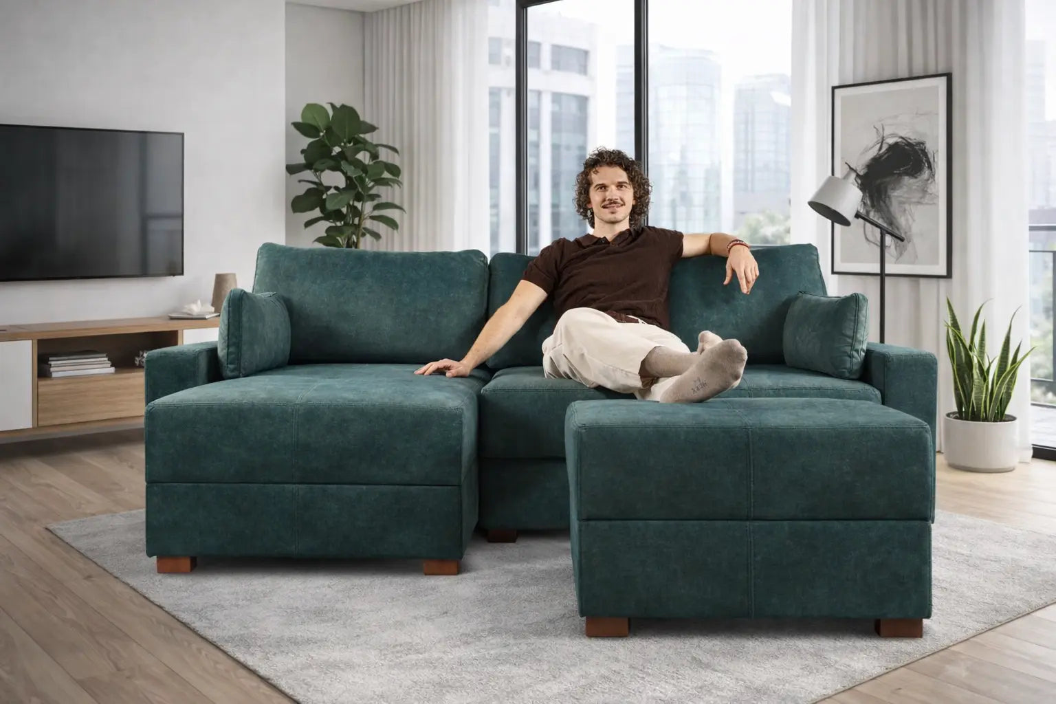 Mocca King Size Corner Sofa Bed in Marble Velvet Pine Grove SofaBedExpert.co.uk