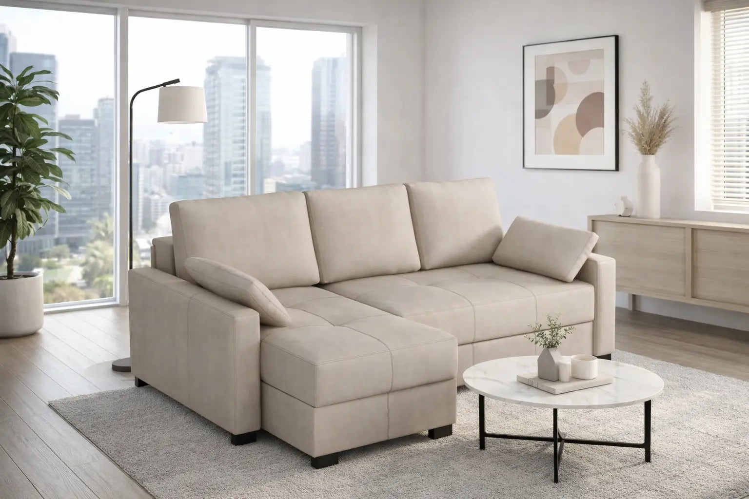 Mocca Mini Corner Sofa Bed in Pure Sand Hydro Suede Fabric SofaBedExpert.co.uk
