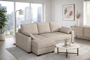 Mocca Mini Corner Sofa Bed in Pure Sand Hydro Suede Fabric SofaBedExpert.co.uk