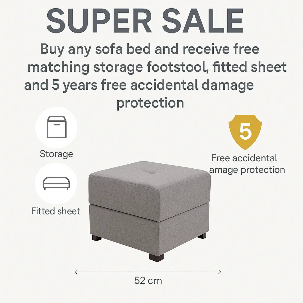 Super Sale Bundle – Free Storage Footstool, Fitted Sheet & 5 Years Protection SofaBedExpert.co.uk