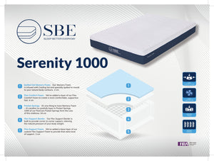 Serenity 1000 mattress specification sheet from the manufacturer with layer by layer construction