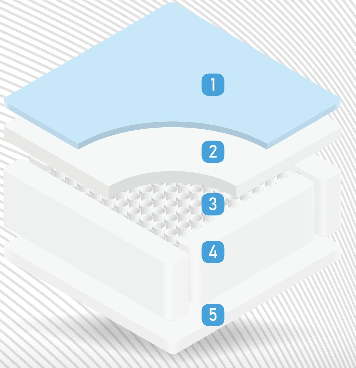 Cross section of the Align 1000 and Serenity 1000 mattress showing its five layers: quilted gel memory foam, Flex Comfort Foam, 1,000 pocket springs, Flex Support Border and Flex Support Foam base